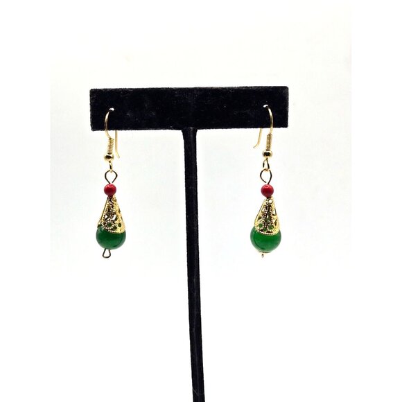 Spinach Jade Teardrop Hook earrings with Gold Filagree and Red Coral Bead 2 inch - Picture 4 of 5